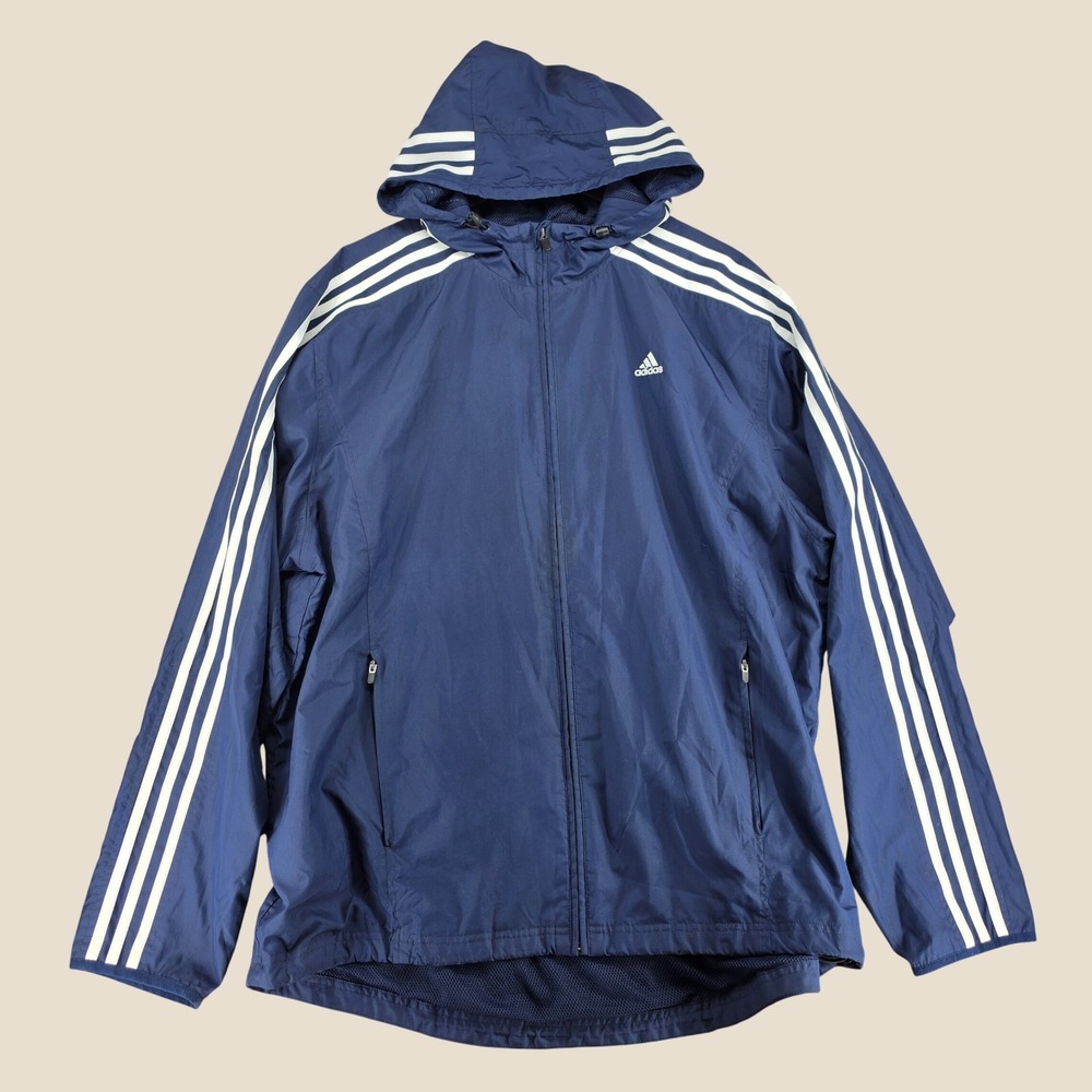 Adidas Mens Navy Blue 3-Stripe Hooded Mesh Lined Windbreaker Jacket Large 544144